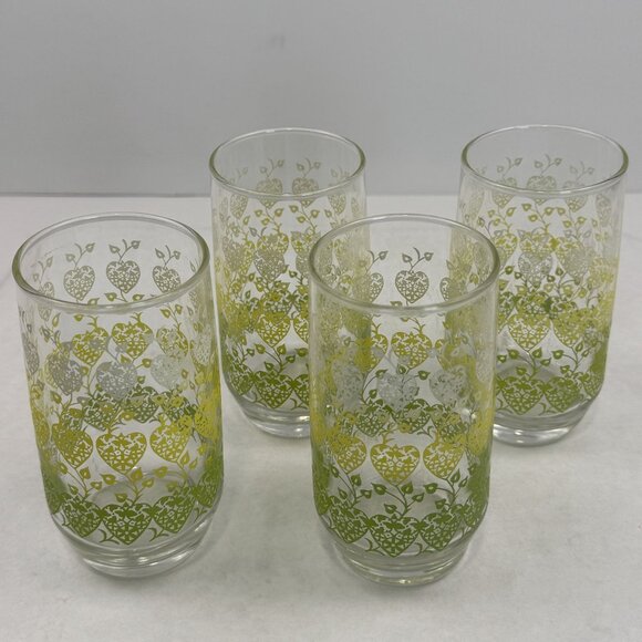 Set Of 4 Vintage Green Yellow Ombre Hearts and Vines Glass Tumblers 12 oz MCM - Picture 5 of 9